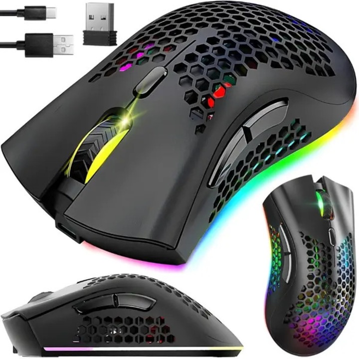 Безжична геймърска мишка CN-k0504-260819-1438, оптична 2,4 GHz, RGB 5 режима, DPI 800-1600, презареждаема USB-C, за дясна ръка, 88 гр, черна, включва USB приемник