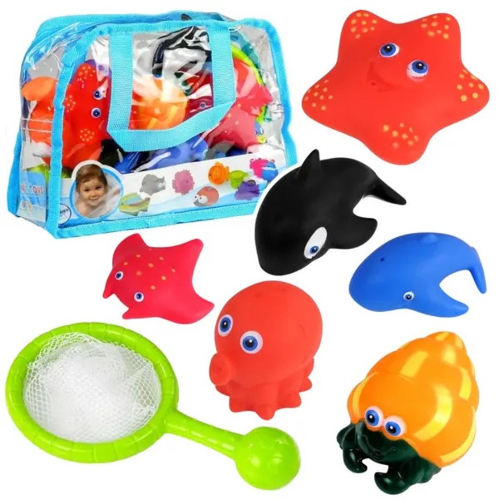 Fürdőjáték készlet, gumi tengeri állatok, többszínű, 13 darab (12 figura kb. 7 cm + szita)