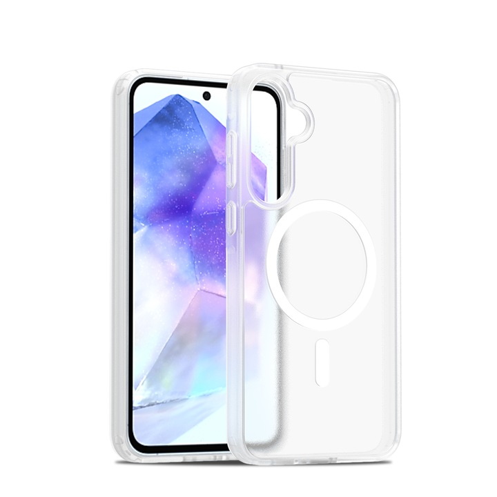Husa de protectie pentru Samsung Galaxy A55, Omelivon, MagSafe, Incarcare Wireless, Antisoc, Margini Ridicate pentru Protectia Ecranului si a Camerelor, TPU+PU, Design translucid, Alb Transparent