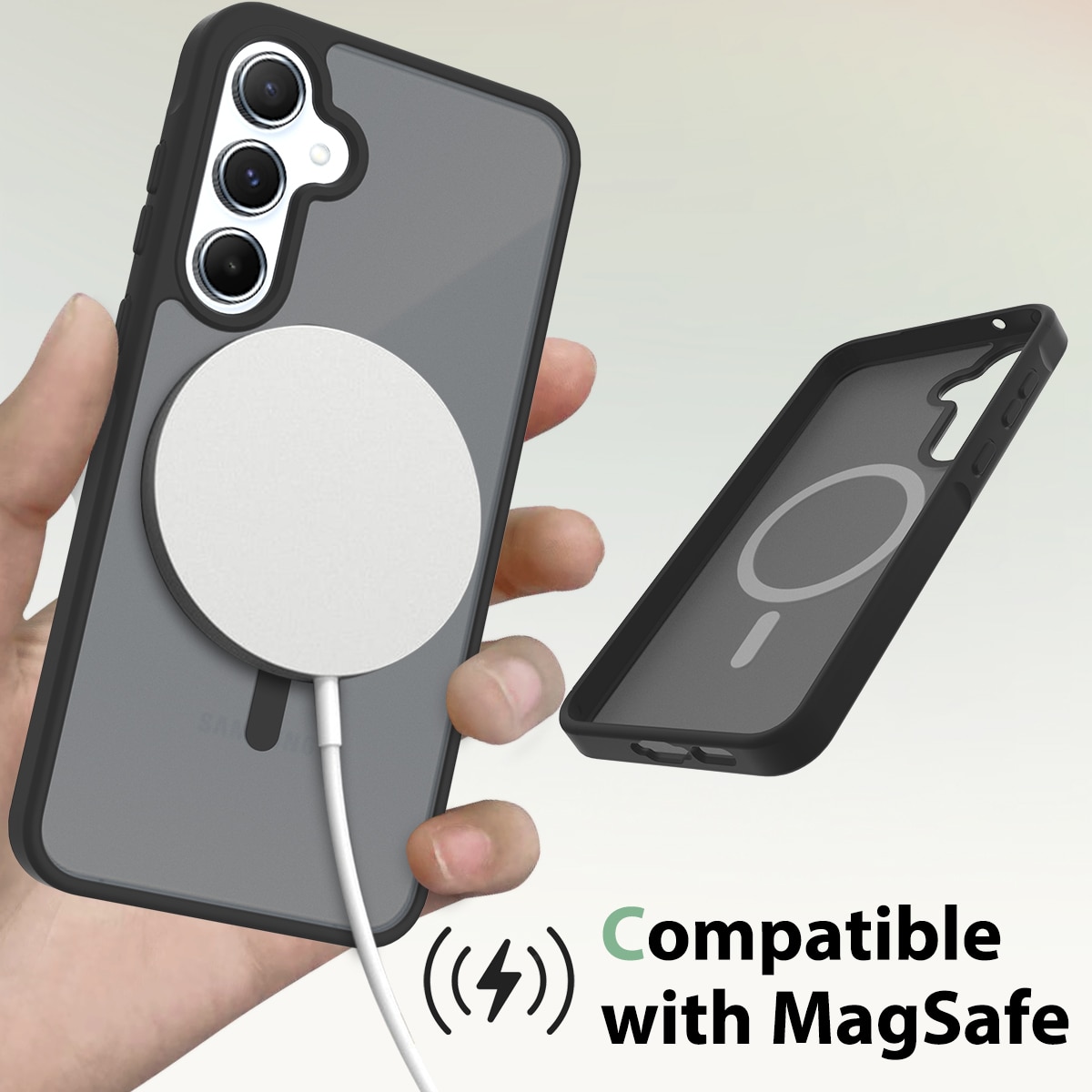Husa de protectie pentru Samsung Galaxy A55, Omelivon, MagSafe, Incarcare Wireless, Antisoc, Margini Ridicate pentru Protectia Ecranului si a Camerelor, TPU+PU, Design translucid, Alb Transparent