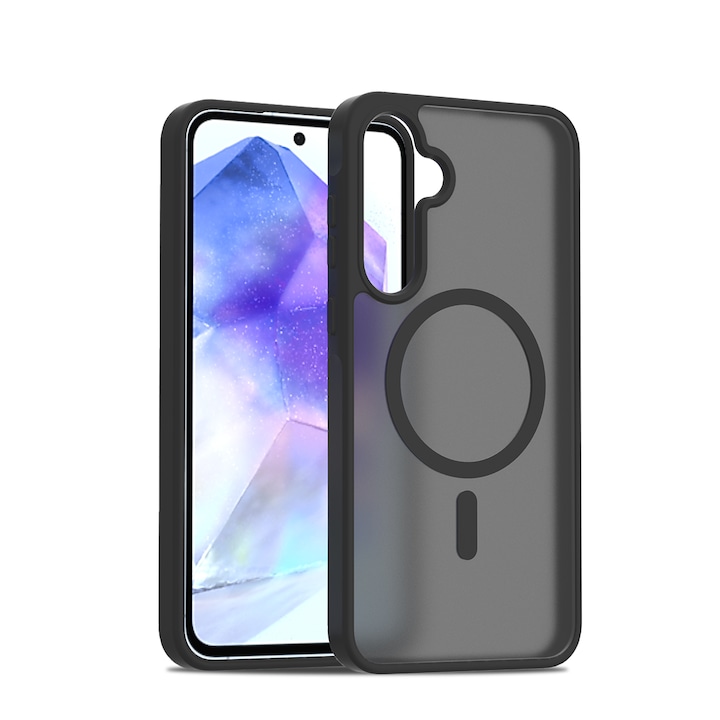 Husa de protectie pentru Samsung Galaxy A55, Omelivon, MagSafe, Incarcare Wireless, Antisoc, Margini Ridicate pentru Protectia Ecranului si a Camerelor, TPU+PU, Design translucid, Negru