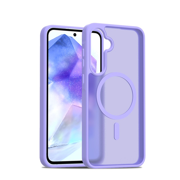 Husa de protectie pentru Samsung Galaxy A55, Omelivon, MagSafe, Incarcare Wireless, Antisoc, Margini Ridicate pentru Protectia Ecranului si a Camerelor, TPU+PU, Design translucid, Violet deschis