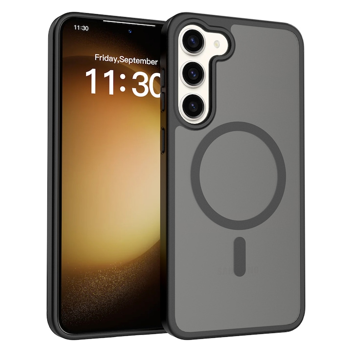Husa de protectie pentru Samsung Galaxy S23 Plus, Omelivon, MagSafe, Incarcare Wireless, Antisoc, Margini Ridicate pentru Protectia Ecranului si a Camerelor, TPU+PU, Design translucid, Negru