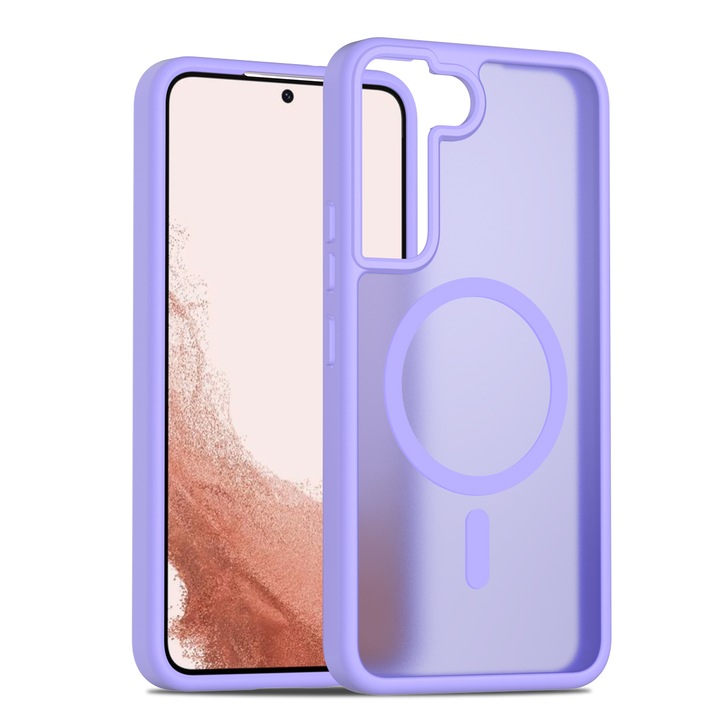 Husa de protectie pentru Samsung Galaxy S22, Omelivon, MagSafe, Incarcare Wireless, Antisoc, Margini Ridicate pentru Protectia Ecranului si a Camerelor, TPU+PU, Design translucid, Violet deschis