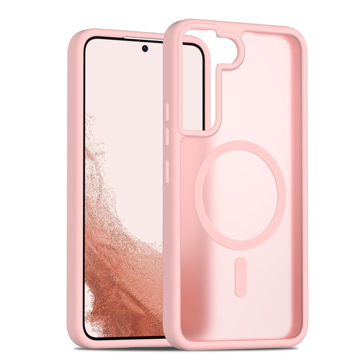 Husa de protectie pentru Samsung Galaxy S22, Omelivon, MagSafe, Incarcare Wireless, Antisoc, Margini Ridicate pentru Protectia Ecranului si a Camerelor, TPU+PU, Design translucid, Roz