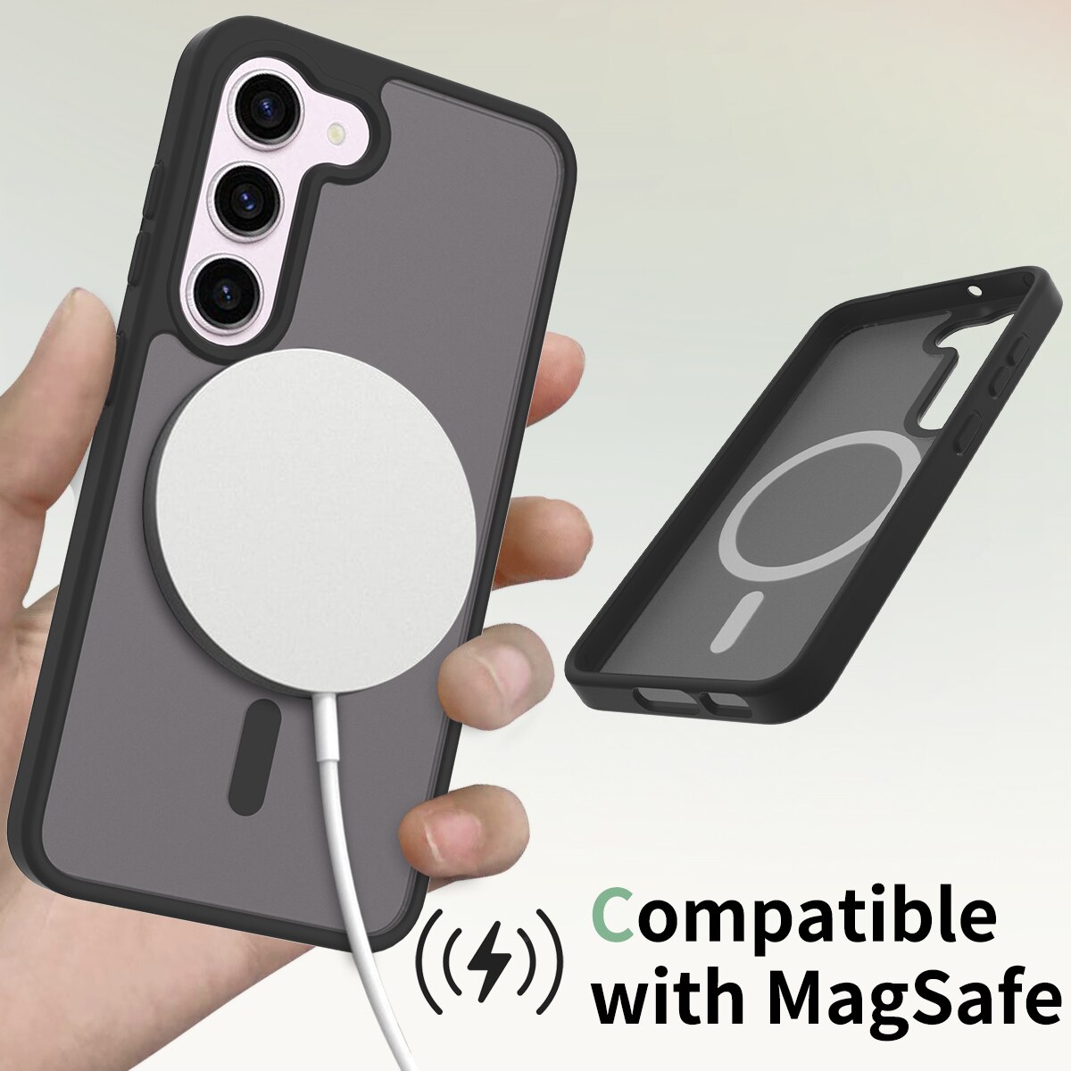 Husa de protectie pentru Samsung Galaxy S23, Omelivon, MagSafe, Incarcare Wireless, Antisoc, Margini Ridicate pentru Protectia Ecranului si a Camerelor, TPU+PU, Design translucid, Alb Transparent