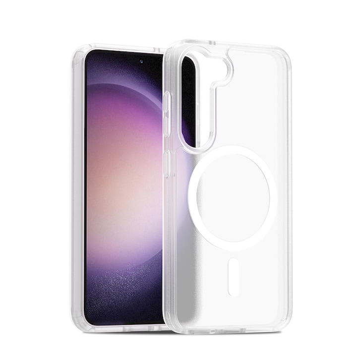 Husa de protectie pentru Samsung Galaxy S23, Omelivon, MagSafe, Incarcare Wireless, Antisoc, Margini Ridicate pentru Protectia Ecranului si a Camerelor, TPU+PU, Design translucid, Alb Transparent