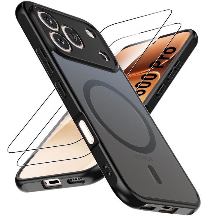 Pachet Husa Magnetica pentru Honor 600 Pro 5G cu Protectie de Ecran din Sticla Temperata, MOGU, MagSafe Husa de Protectie Antisoc pentru Telefonul Mobil cu 2 folii de Transparenta Sticla, Protectie de Nivel Militar, TPU+Sticla Securizata, Negru
