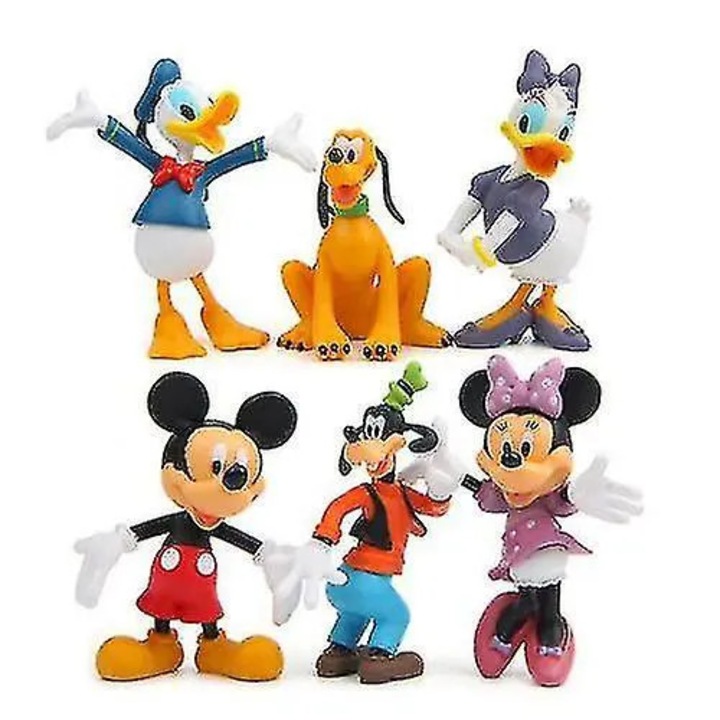Set 6 figurine pentru tort, Mickey Mouse si prietenii (Mickey, Minnie, Donald, Daisy, Goofy, Pluto), PVC, multicolor, aproximativ 8 cm