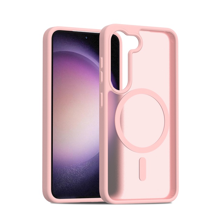 Husa de protectie pentru Samsung Galaxy S23, Omelivon, MagSafe, Incarcare Wireless, Antisoc, Margini Ridicate pentru Protectia Ecranului si a Camerelor, TPU+PU, Design translucid, Roz