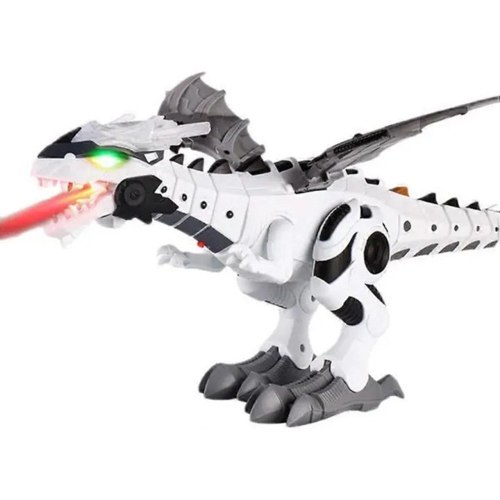 Играчка робот дракон K0438-cj260819-1158, ходи и изпуска мъгла (ефект дим) с червена светлина и ревящи звуци, подвижни части (врат, опашка, крила), нетоксичен ABS, бял/зелен, 46 x 30 x 25 см, 3xAA