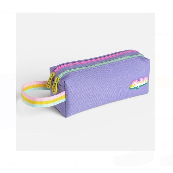 Penar Cilindric Mov Lila cu 2 Compartimente & Fermoar Bicolor 21x6x7cm