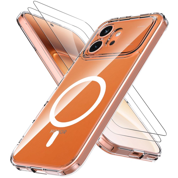 Pachet Husa Magnetica pentru Honor 600 5G cu Protectie de Ecran din Sticla Temperata, MOGU, MagSafe Husa de Protectie Antisoc pentru Telefonul Mobil cu 2 folii de Transparenta Sticla, Protectie de Nivel Militar, TPU+Sticla Securizata, Transparenta