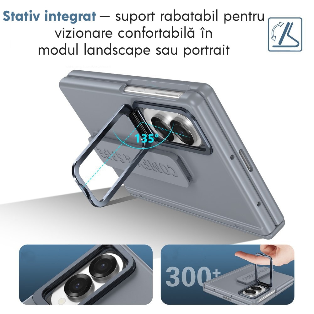 Husa pentru Samsung Galaxy Z Fold 8, DaDen CamBracket, Protectie completa 360°, Protectie ecran, Stativ integrat, Curea pentru prindere, Protectie balama, Gri