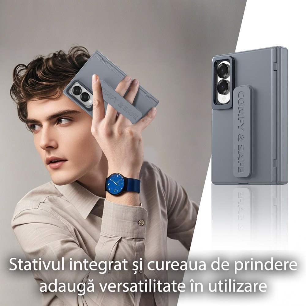 Husa pentru Samsung Galaxy Z Fold 8, DaDen CamBracket, Protectie completa 360°, Protectie ecran, Stativ integrat, Curea pentru prindere, Protectie balama, Gri