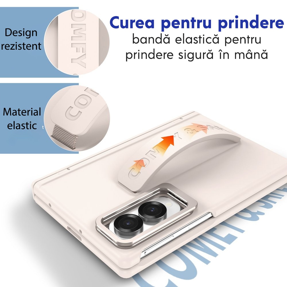Husa pentru Samsung Galaxy Z Fold 8, DaDen CamBracket, Protectie completa 360°, Protectie ecran, Stativ integrat, Curea pentru prindere, Protectie balama, Crem