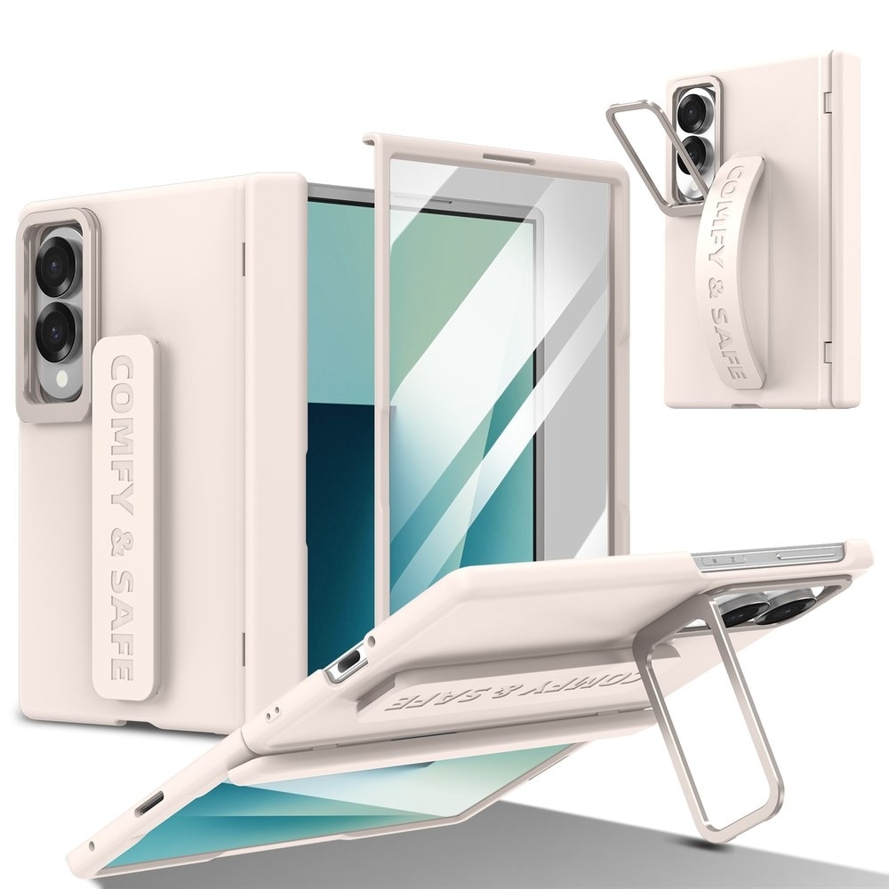Husa pentru Samsung Galaxy Z Fold 8, DaDen CamBracket, Protectie completa 360°, Protectie ecran, Stativ integrat, Curea pentru prindere, Protectie balama, Crem
