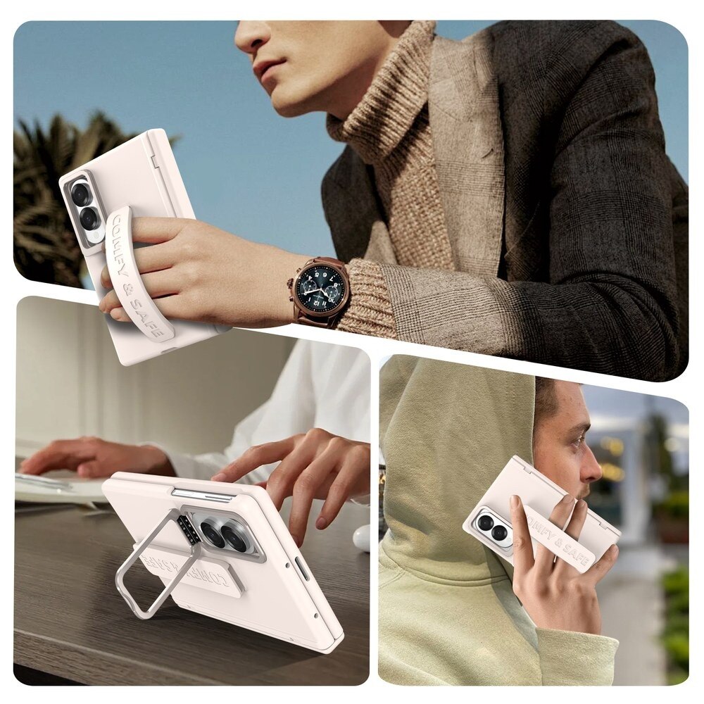 Husa pentru Samsung Galaxy Z Fold 8, DaDen CamBracket, Protectie completa 360°, Protectie ecran, Stativ integrat, Curea pentru prindere, Protectie balama, Crem