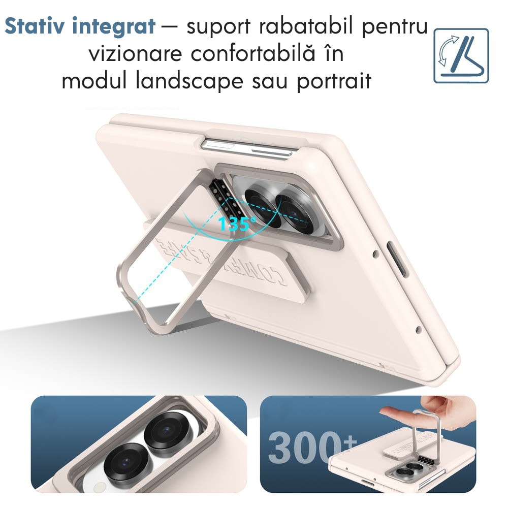 Husa pentru Samsung Galaxy Z Fold 8, DaDen CamBracket, Protectie completa 360°, Protectie ecran, Stativ integrat, Curea pentru prindere, Protectie balama, Crem