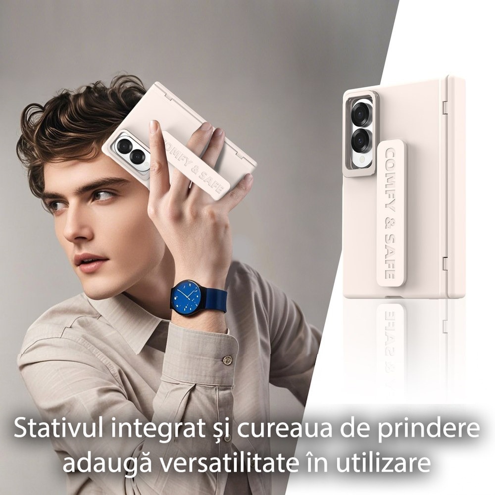 Husa pentru Samsung Galaxy Z Fold 8, DaDen CamBracket, Protectie completa 360°, Protectie ecran, Stativ integrat, Curea pentru prindere, Protectie balama, Crem