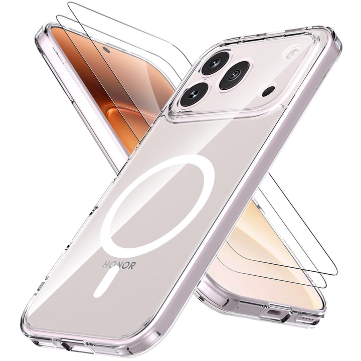 Pachet Husa Magnetica pentru Honor 600 Pro 5G cu Protectie de Ecran din Sticla Temperata, MOGU, MagSafe Husa de Protectie Antisoc pentru Telefonul Mobil cu 2 folii de Transparenta Sticla, Protectie de Nivel Militar, TPU+Sticla Securizata, Transparenta