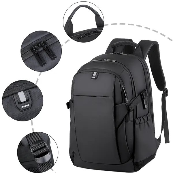 Rucsac din poliester rezistent la apa cu port USB extern, compartiment pentru laptop si tableta, expandabil pana la 25L, negru, ISINI-CJ-K0497-260819-056