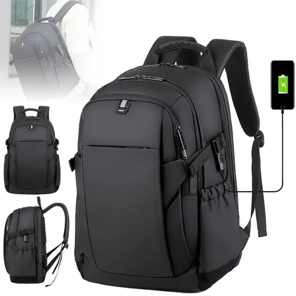 Rucsac din poliester rezistent la apa cu port USB extern, compartiment pentru laptop si tableta, expandabil pana la 25L, negru, ISINI-CJ-K0497-260819-056