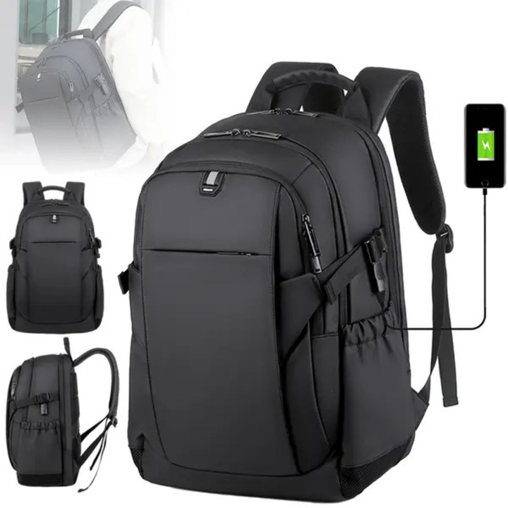 Rucsac din poliester rezistent la apa cu port USB extern, compartiment pentru laptop si tableta, expandabil pana la 25L, negru, ISINI-CJ-K0497-260819-056