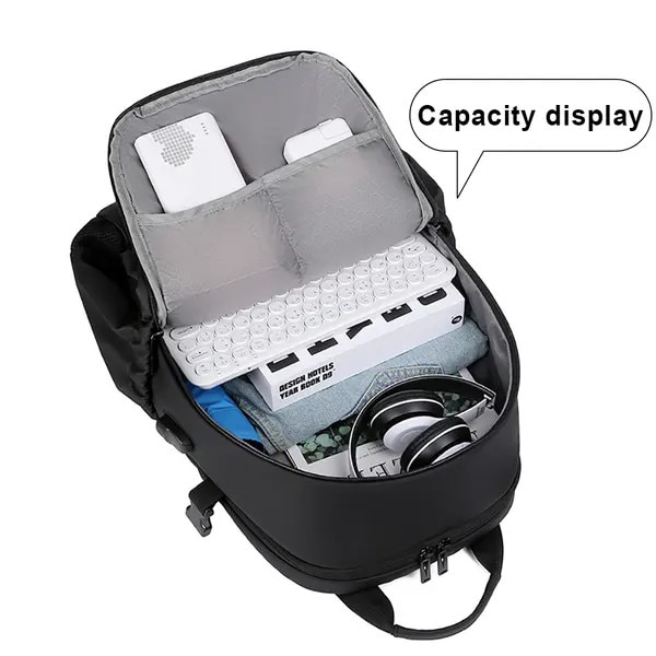 Rucsac din poliester rezistent la apa cu port USB extern, compartiment pentru laptop si tableta, expandabil pana la 25L, negru, ISINI-CJ-K0497-260819-056