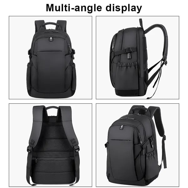 Rucsac din poliester rezistent la apa cu port USB extern, compartiment pentru laptop si tableta, expandabil pana la 25L, negru, ISINI-CJ-K0497-260819-056