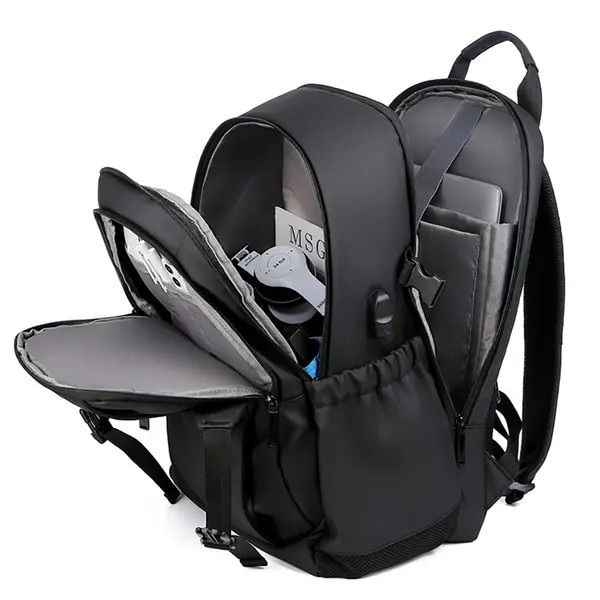 Rucsac din poliester rezistent la apa cu port USB extern, compartiment pentru laptop si tableta, expandabil pana la 25L, negru, ISINI-CJ-K0497-260819-056