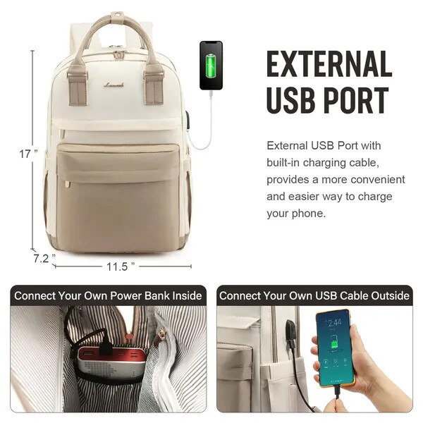 Rucsac pentru laptop din nylon, cu port USB extern, buzunar ascuns anti-furt, curea pentru troler, compartiment pentru laptop 15,6", rezistent la apa, 29 x 43 x 18 cm, beige/crem