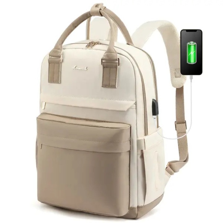 Rucsac pentru laptop din nylon, cu port USB extern, buzunar ascuns anti-furt, curea pentru troler, compartiment pentru laptop 15,6", rezistent la apa, 29 x 43 x 18 cm, beige/crem