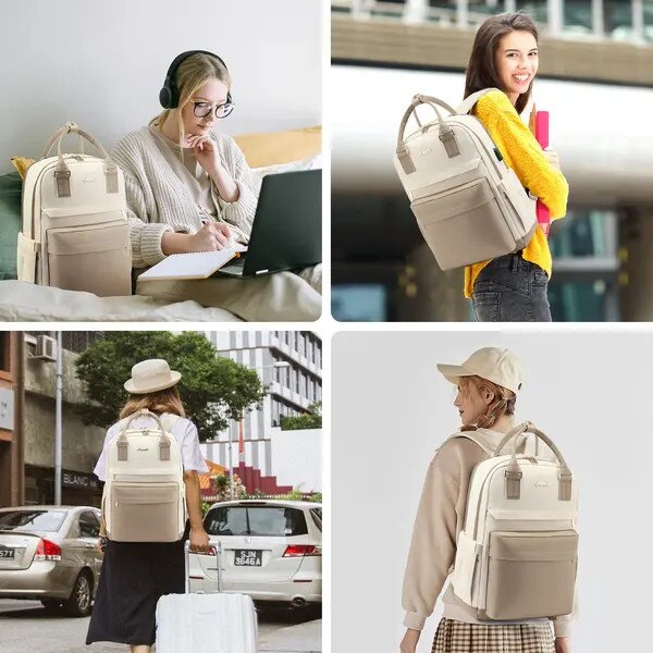 Rucsac pentru laptop din nylon, cu port USB extern, buzunar ascuns anti-furt, curea pentru troler, compartiment pentru laptop 15,6", rezistent la apa, 29 x 43 x 18 cm, beige/crem