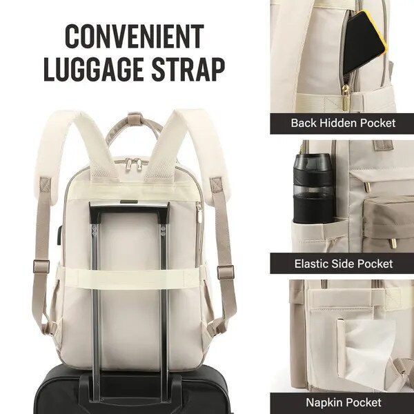 Rucsac pentru laptop din nylon, cu port USB extern, buzunar ascuns anti-furt, curea pentru troler, compartiment pentru laptop 15,6", rezistent la apa, 29 x 43 x 18 cm, beige/crem