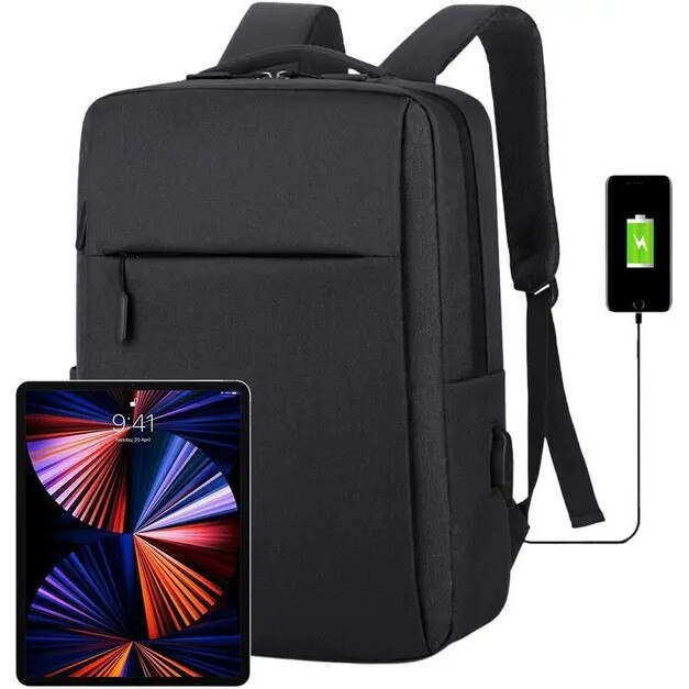 Rucsac laptop din Oxford cu port USB pentru incarcare, anti-furt si rezistent la apa, captusit, ISINI-CJ-K0497-260820-708, negru, 15.6"