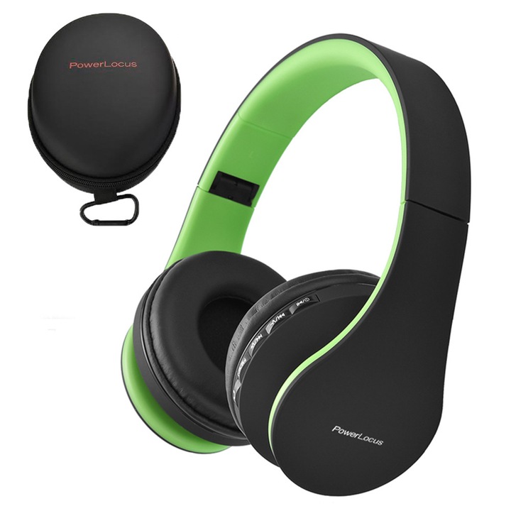 Casti Wireless Over-Ear PowerLocus P1, HD Stereo Pliabile, Bluetooth 5.3 cu optiune AUX, Micro SD / TF, FM Microfon Incorporat pentru iPhone, Android, Laptop, PC, Negru/Verde