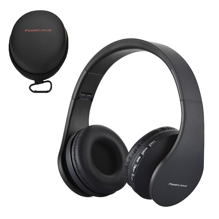 Bluetooth Слушалки PowerLocus Over-Ear Сгъваеми стерео Слушалки с Micro SD/TF слот, FM и Микрофон Черни + Кейс за пътуване