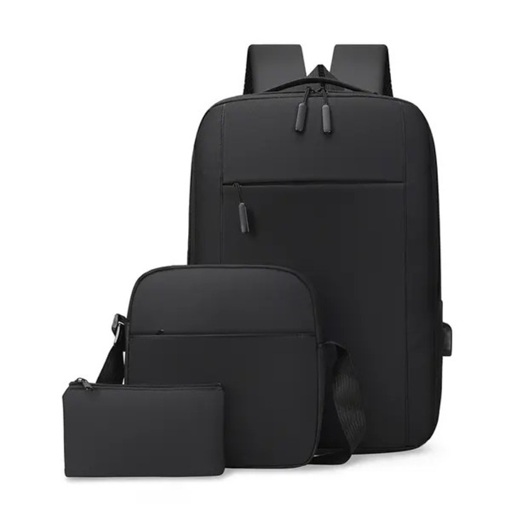 Set rucsac pentru laptop cu port de incarcare USB si panou dorsal respirabil, material texturat rezistent la apa – 3 piese, negru