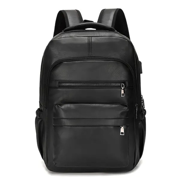 Rucsac din piele ecologica (PU) cu port de incarcare USB, pentru laptop, negru, 23 x 15 x 43 cm