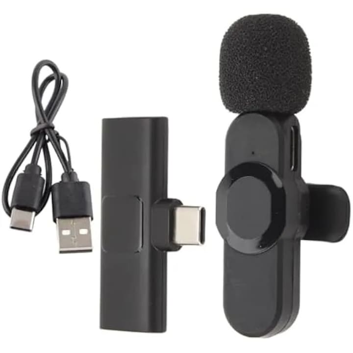Безжичен микрофон тип брошка K0569-260819-884-AMC, Bluetooth 5.2 всепосочен, интелигентно намаляване на шума, щипка с USB-C приемник, батерия 55mAh ~4+ часа, черен