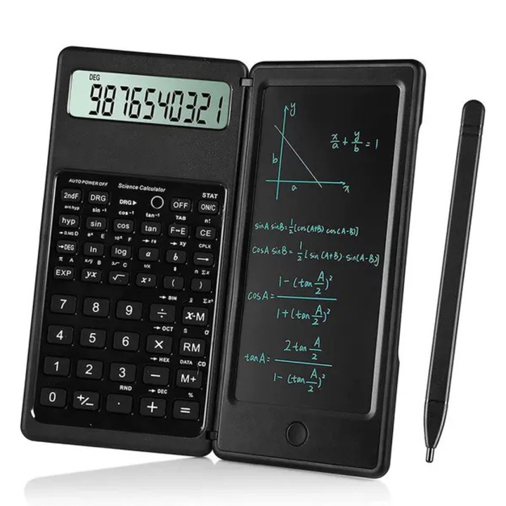 Научен калкулатор ISINI-CJ-K0497-260825-1412, 10 цифри, многократна употреба LCD бележник със стилус, матов екран за защита на очите, черен, 160 x 78 x 12.8 мм, 2 батерии тип бутон