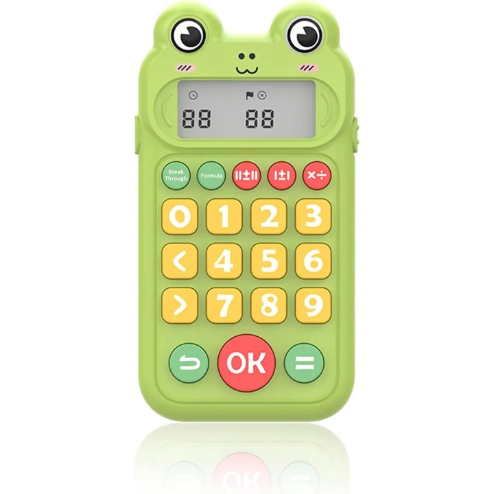 Calculator educational pentru copii model broasca, 4 operatii cu jocuri si teste, butoane mari, ecran LCD, pe baterii, verde, emag-FYN-K0206-260819-1623