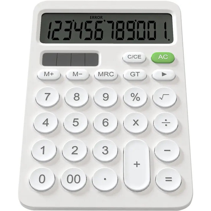 Calculator de birou 12 cifre emag-FYN-K0206-260819-2087, alimentare duala solara si baterie (AAA), tastatura cu butoane mari rotunde, anti-alunecare, alb