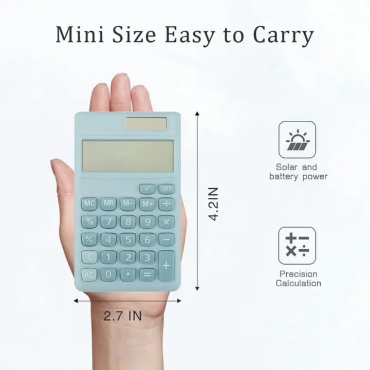 Соларен джобен калкулатор ISINI-CJ-K0497-260825-2645, 8 цифри, 4 функции (+ - × ÷), соларен панел, ABS корпус с гумирани ръбове, син