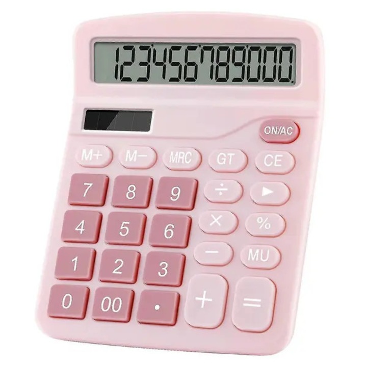 Настолен калкулатор CJ-FYN-K0206-260904-1560, двойно захранване (соларно + батерия), 12-разряден дисплей, големи бутони, розов