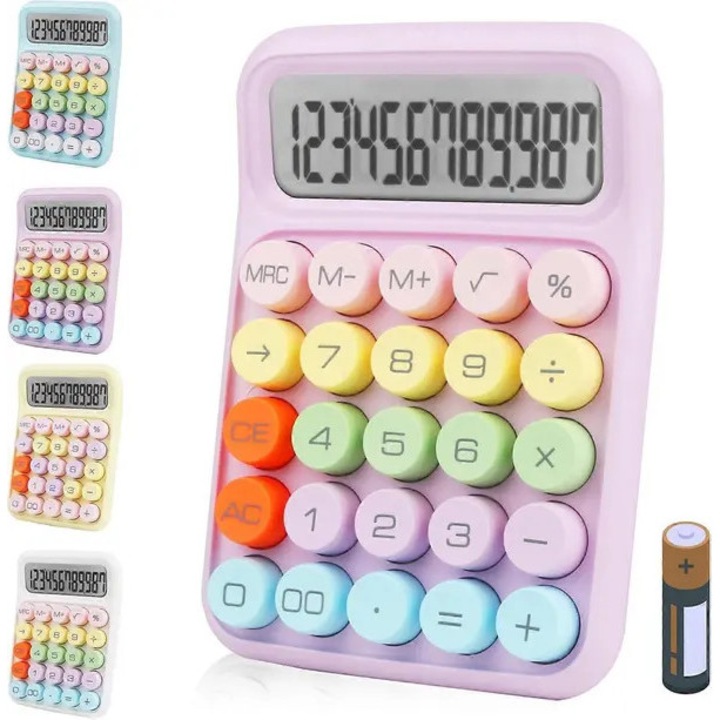 Calculator electronic de birou FYN-K0206 (emag-FYN-K0206-260819-1513), display LCD 12 cifre, taste rotunde mari, culori pastelate, alimentare 1x AAA (baterie inclusa), roz pastel