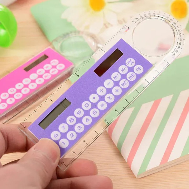 Rigla mini multifunctionala cu calculator solar si lupa, plastic, mov, 12.7 x 4.3 cm