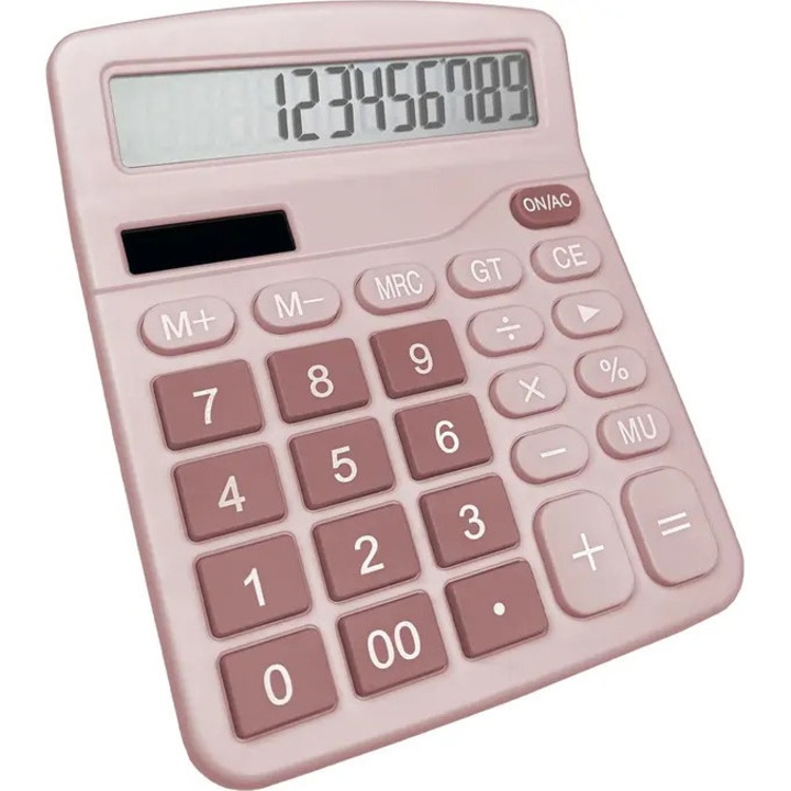 Calculator de birou solar emag-FYN-K0206-260819-1753, 12 cifre, alimentare solara si baterie AA, taste mari, roz