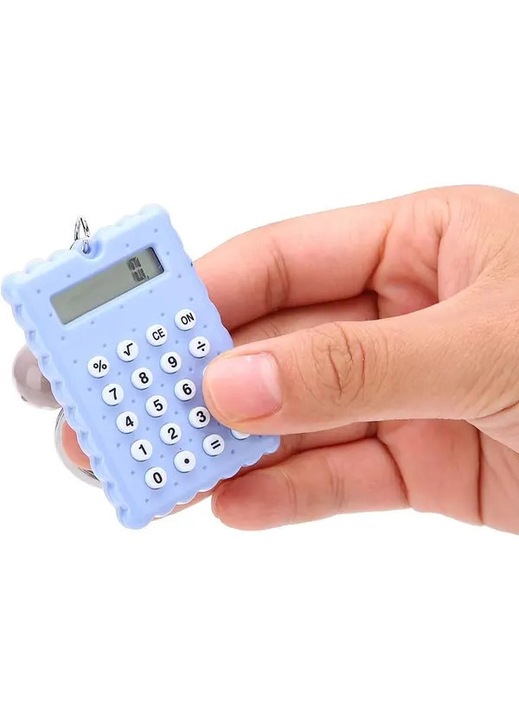 Calculator mini portabil emag-FYN-K0206-260819-1736, carcasa PVC siliconat cu butoane din silicon, breloc metalic, 8 cifre, albastru deschis